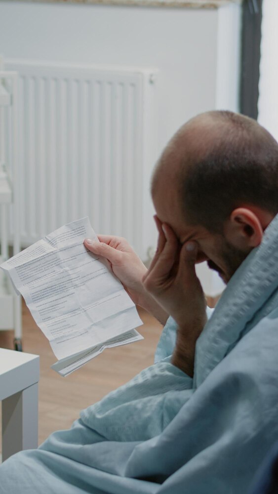 Adult with migraine reading paper with information about medication against flu symptoms. Sick man with headache holding leaflet of medicaments and prescription treatment to cure cold