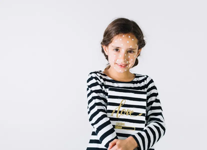 Smiling girl with rash and notebook